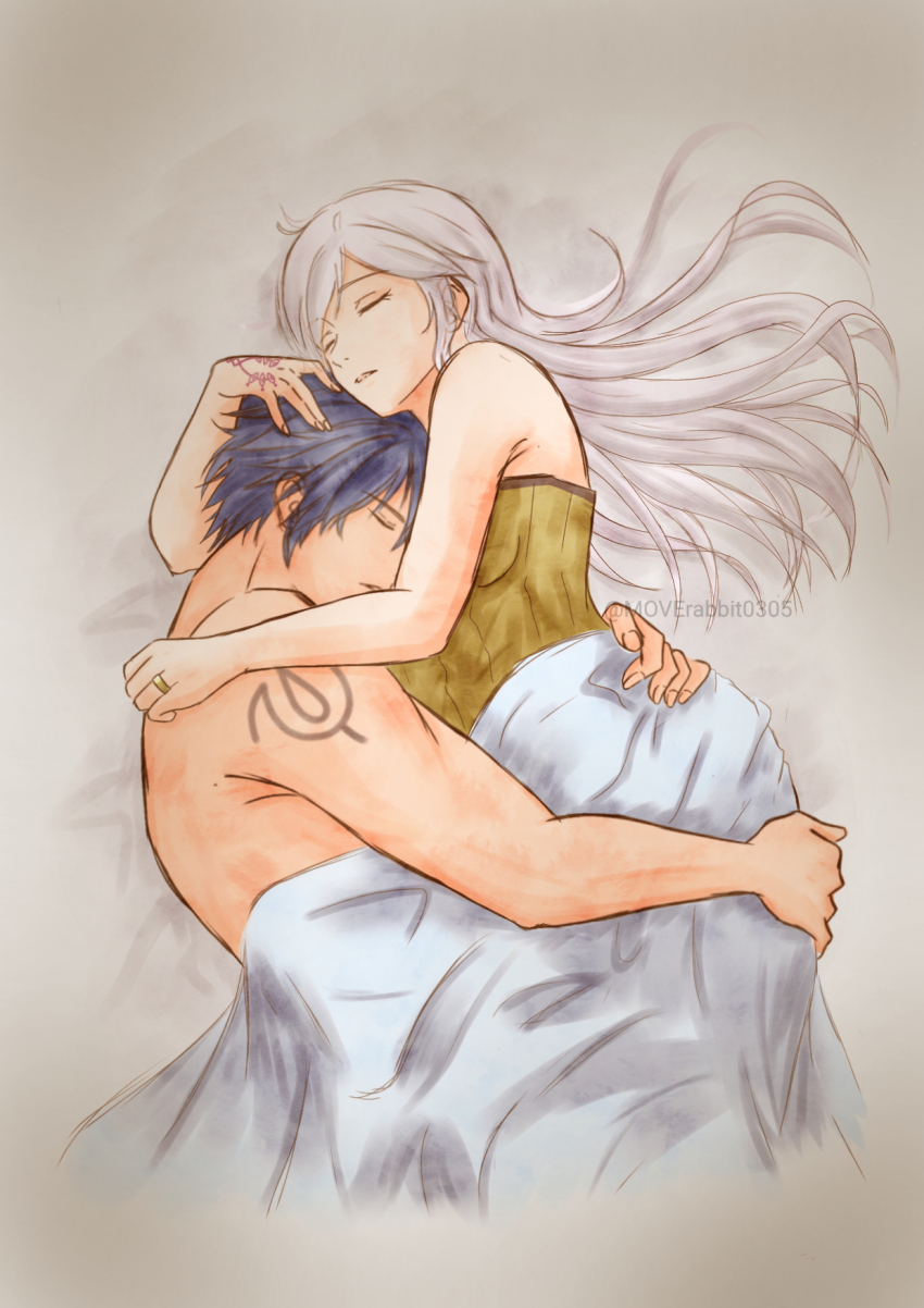 1boy 1girl alternate_costume alternate_hairstyle armpit_crease bare_arms bare_shoulders bed_sheet blue_hair breasts chrom_(fire_emblem) cleavage closed_eyes couple curled_fingers eyelashes eyes_of_grima female_robin_(fire_emblem) fire_emblem fire_emblem_awakening hair_down hand_on_another&#039;s_ass hand_on_another&#039;s_head hand_tattoo highres hug husband_and_wife intelligent_systems jewelry long_hair medium_breasts moverabbit0305 neck nintendo on_bed parted_lips partially_undressed ring shared_blanket short_hair sidelocks sleeping spaghetti_strap swept_bangs tattoo toned toned_male topless_male wedding_ring white_hair