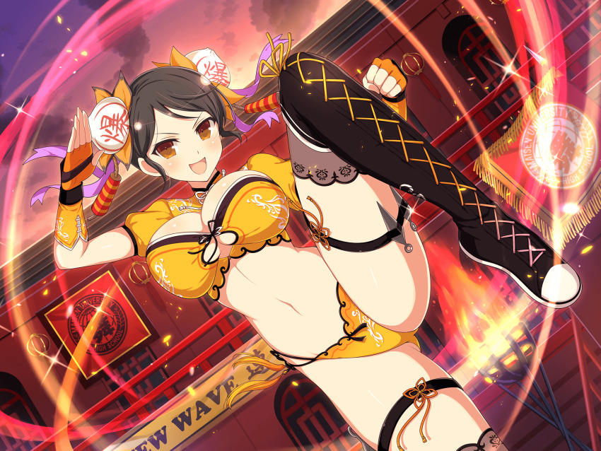 1girl architecture banner baozi_hair_ornament black_boots black_hair blush boots bow breasts building chinese_clothes cleavage clothing_cutout cloud double_bun east_asian_architecture evening fighting_stance fingerless_gloves fire firecrackers flag food food-themed_hair_ornament gloves gluteal_fold groin hair_bun hair_ornament highres kunai kung_fu lace-up_boots lantern large_breasts linea_alba looking_at_viewer martial_arts meimei_(senran_kagura) navel official_art open_mouth orange_eyes orange_panties outdoors panties paper_lantern purple_ribbon ribbon senran_kagura senran_kagura_new_link senran_kagura_new_wave short_hair sky smile solo standing standing_on_one_leg steamed_bun tassel thigh_strap thighhighs torch underboob_cutout underwear weapon yaegashi_nan