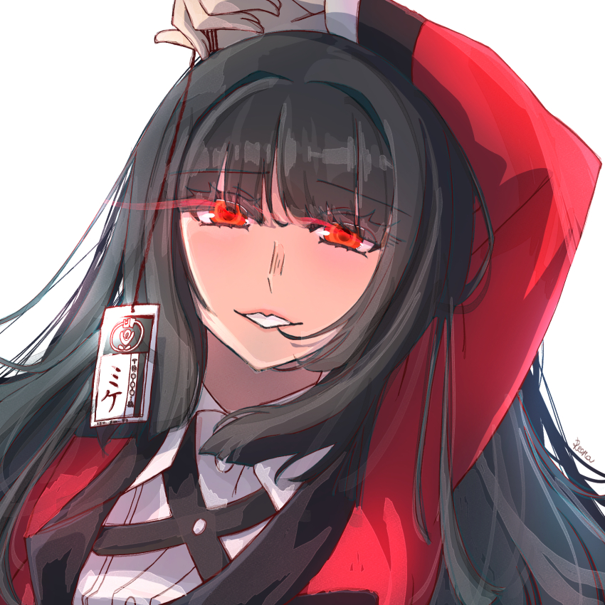 1girl arm_behind_head artist_name black_hair blazer blunt_bangs card formal_clothes highres hime_cut hyakkaou_academy_school_uniform jabami_yumeko jacket kakegurui long_hair long_sleeves looking_at_viewer red_eyes red_jacket red_suit reona.dayo school_uniform shirt simple_background smile solo suit suit_jacket teeth white_background white_shirt