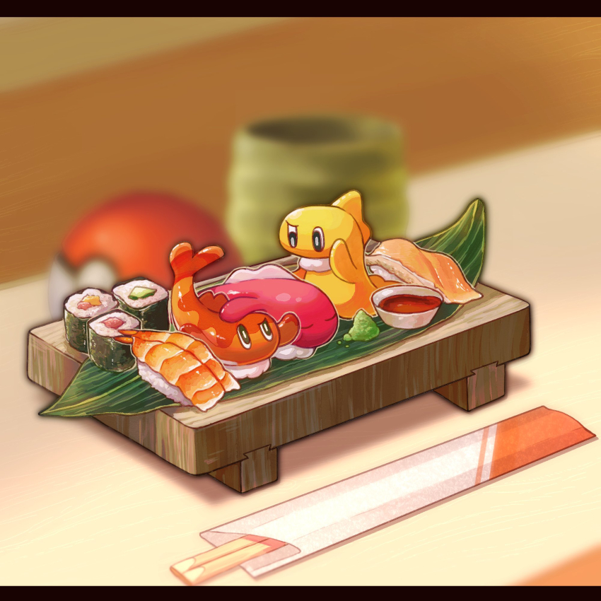 blurry blurry_background bright_pupils chopsticks closed_eyes commentary_request fish food half-closed_eye hebaroda03 highres letterboxed nintendo no_humans pokemon pokemon_(creature) pokemon_focus rice sushi sushi_geta tatsugiri tatsugiri_(curly) tatsugiri_(droopy) tatsugiri_(stretchy)