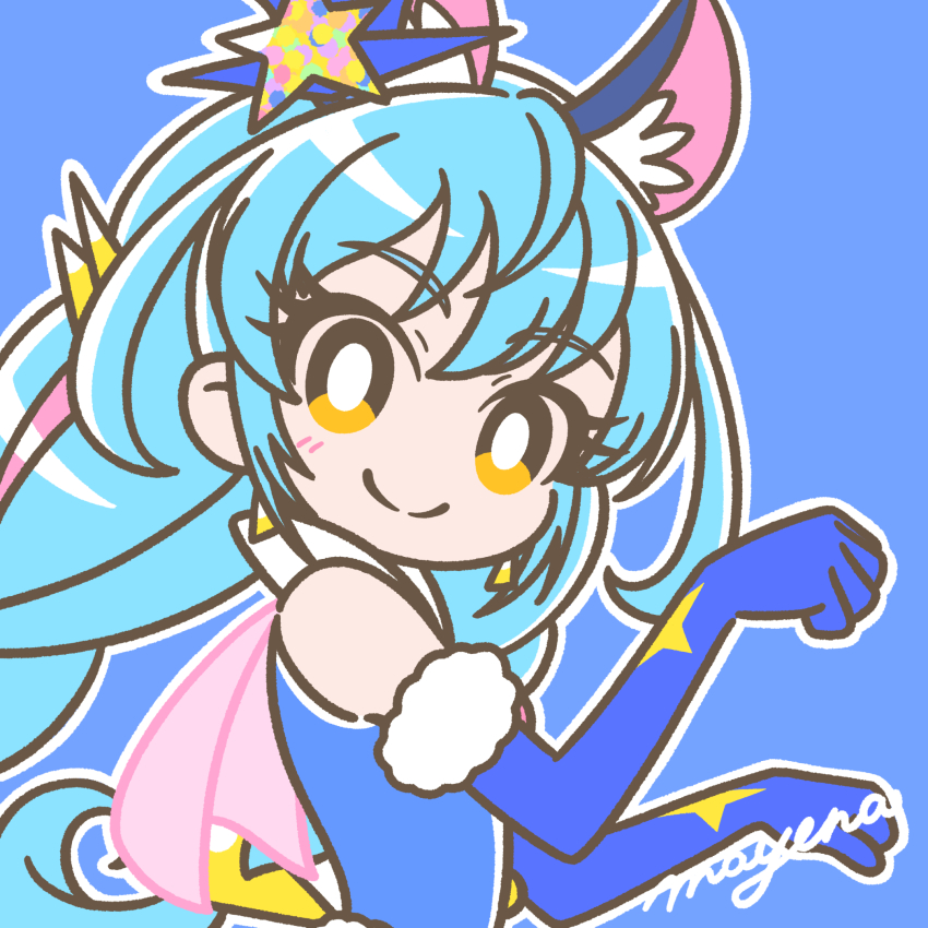 1girl animal_ears blue_background blue_gloves blue_hair blush braid bright_pupils capelet cat_ears choker clenched_hands cure_cosmo earrings elbow_gloves fur_trim gloves hair_ornament highres jewelry long_hair looking_at_viewer magical_girl mayena multicolored_hair outline paw_pose pink_capelet pink_hair precure signature simple_background smile solo star_twinkle_precure twin_braids upper_body white_outline white_pupils yellow_eyes yuni_(precure)