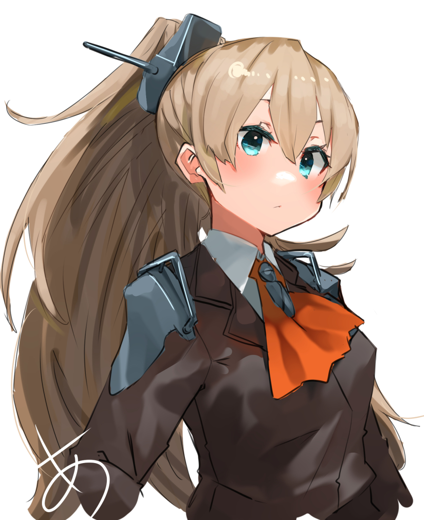 1girl armor ascot blazer brown_hair brown_jacket green_eyes headgear highres jacket kantai_collection kumano_(kancolle) long_hair orange_ascot ponytail school_uniform shoulder_armor signature simple_background solo sunday_aki upper_body white_background