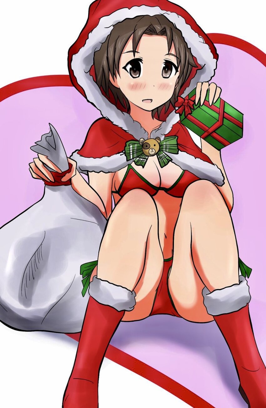 1girl bikini boko_(girls_und_panzer) boots bow bowtie brown_eyes brown_hair capelet commentary cosplay gift girls_und_panzer green_bow green_bowtie highres holding holding_gift holding_sack hood hood_up hooded_capelet looking_at_viewer medium_hair meiya navel nishizumi_miho nishizumi_miho_(cosplay) open_mouth parted_bangs red_bikini red_boots red_capelet sack santa_boots sawa_azusa short_hair side-tie_bikini_bottom sitting smile solo swimsuit