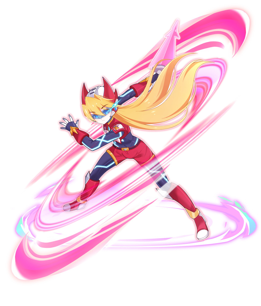 1girl absurdres aizeis alternate_costume alternate_hairstyle armor armored_boots belt blonde_hair blue_eyes bodystocking boots breasts chest_jewel ciel_(mega_man) closed_mouth commission commissioner_upload energy_sword eyelashes fake_horns forehead_jewel full_body gauntlets gloves helmet highres holding holding_weapon horned_helmet horns knee_boots knee_pads long_hair looking_at_viewer mechanical_ears mega_man_(series) mega_man_zero_(series) mega_man_zx model_o_(mega_man) non-web_source petite shorts shoulder_armor small_breasts solo standing sword transparent_background weapon