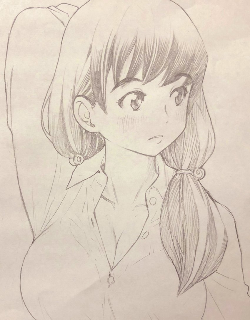 1girl arm_up breasts cleavage greyscale highres kimi_wa_sukinosaurus large_breasts long_hair looking_to_the_side low_twintails monochrome original sekiguchi_taro shiraishi_momiji sketch solo traditional_media twintails