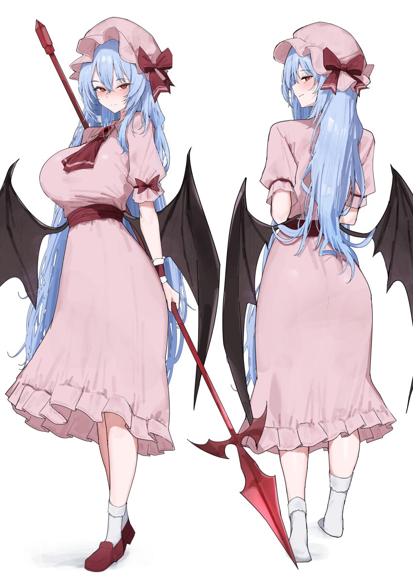 1girl 258n absurdres aged_up alternate_breast_size alternate_hairstyle ascot bat_wings blue_hair bow breasts dress from_behind full_body hair_between_eyes hat hat_bow highres holding holding_pole huge_breasts loafers long_hair looking_at_viewer low_wings mob_cap multiple_views pink_dress pink_hat pole puffy_short_sleeves puffy_sleeves red_ascot red_bow red_eyes red_shoes remilia_scarlet shoes short_sleeves simple_background socks spear_the_gungnir standing touhou very_long_hair white_background white_socks wings