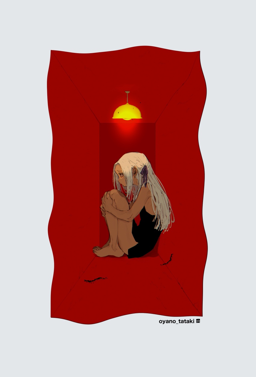 1girl absurdres against_wall alternate_costume bad_id bad_twitter_id barefoot black_dress border bug ceiling_light centipede cramped dress edelgard_von_hresvelg fire_emblem fire_emblem:_three_houses from_side full_body hair_ribbon half-closed_eyes highres hugging_own_legs inactive_account indoors long_hair looking_ahead mogero_(gerogero_ieki) nintendo profile red_eyes ribbon sanpaku short_dress sitting sleeveless sleeveless_dress solo twitter_username white_border white_hair