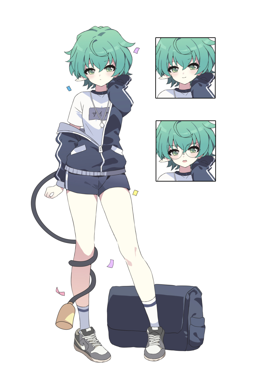 1girl black_jacket black_shorts closed_mouth commentary confetti full_body glasses green_eyes green_hair grey_shoes gym_shirt gym_shorts gym_uniform hair_between_eyes hand_up highres jacket long_sleeves multiple_expressions open_mouth pandoria_(xenoblade) puffy_long_sleeves puffy_sleeves shirt shoes shorts simple_background sleeves_past_wrists socks standing toki0830 track_jacket white_background white_shirt white_socks xenoblade_chronicles_(series) xenoblade_chronicles_2