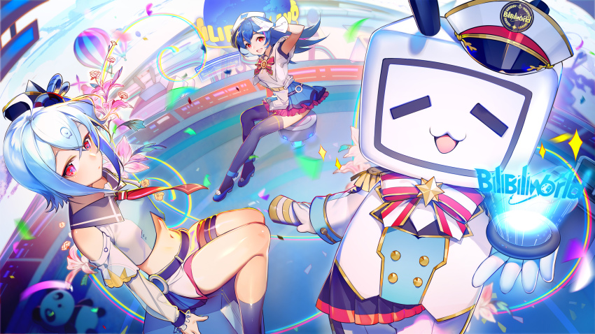 1other 2girls ahoge bili_girl_22 bili_girl_33 bilibili black_thighhighs blue_hair blue_sailor_collar blue_shirt blue_skirt crop_top detached_sleeves gloves hat highres hologram layered_skirt long_hair looking_at_viewer multiple_girls navel neck_ribbon necktie object_head original pink_skirt red_eyes red_necktie red_ribbon ribbon rosele sailor_collar shirt short_hair_with_long_locks shorts sitting skirt thigh_strap thighhighs thighs two-tone_shirt white_gloves white_hat white_shirt white_shorts