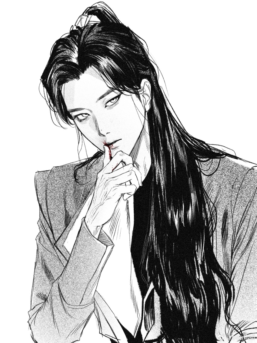1boy absurdres blood_on_mouth chinese_commentary closed_mouth commentary_request expressionless greyscale highres looking_at_viewer male_focus monochrome original ponytail seapall simple_background solo upper_body white_background