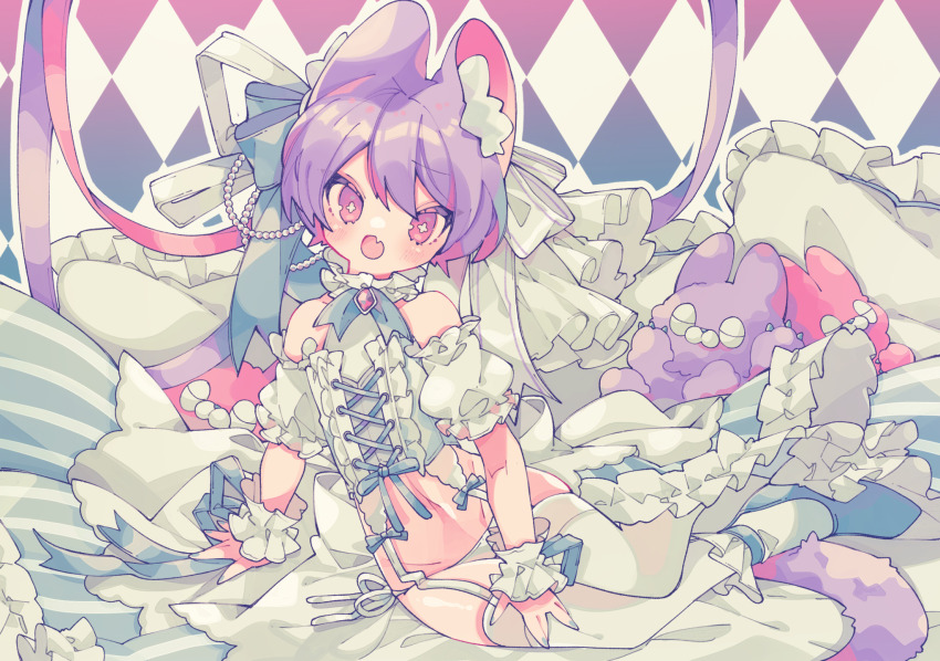 1boy :o animal_ear_fluff animal_ears argyle_background beads blue_bow blue_nails blue_ribbon blue_shoes blush bow bright_pupils brooch commentary cross-shaped_pupils dated_commentary fang full_body garter_belt hair_bow hand_on_own_leg highres jewelry lingerie looking_at_viewer male_focus open_mouth original outline ozureiji panties pillow pink_eyes puffy_short_sleeves puffy_sleeves purple_hair rabbit_ears ribbon shoes short_hair short_sleeves showgirl_skirt side-tie_panties sitting skin_fang solo stuffed_animal stuffed_rabbit stuffed_toy symbol-only_commentary symbol-shaped_pupils thighhighs trap tsurime underwear white_bow white_outline white_panties white_pupils white_ribbon white_sleeves white_thighhighs wrist_cuffs