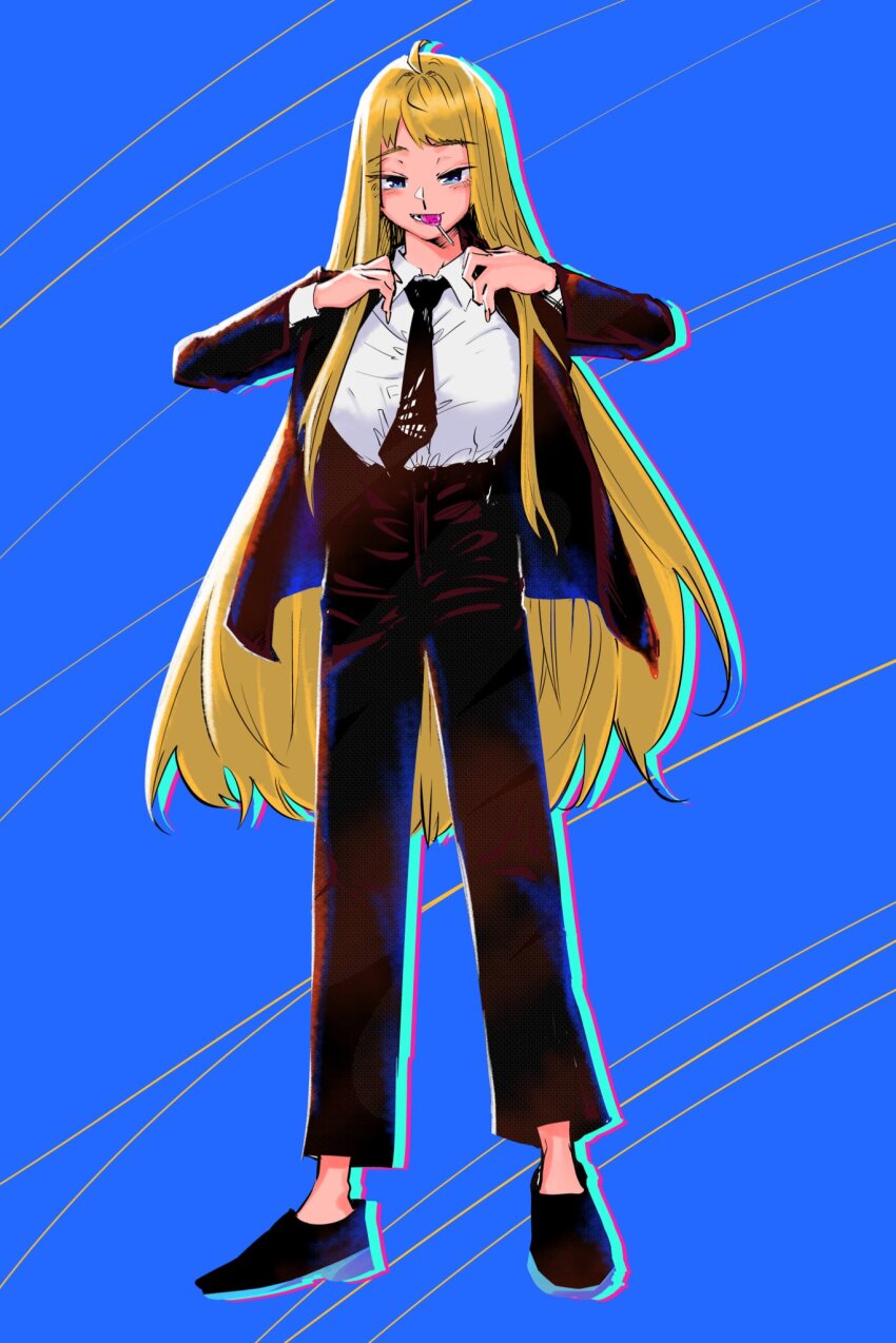 1girl black_jacket black_necktie black_pants black_shoes blazer blonde_hair blue_background blue_eyes breasts candy collared_shirt commentary_request dosanko_gal_wa_namaramenkoi food food_in_mouth fuyuki_minami highres ikada_kai jacket large_breasts lollipop long_hair looking_at_viewer necktie official_art pants parted_lips purple_eyes shirt shoes smile solo very_long_hair white_shirt