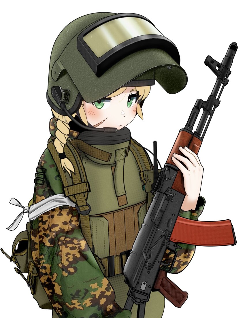 1girl ak-74 assault_rifle blonde_hair blush braid camouflage camouflage_jacket closed_mouth commentary facial_scar green_eyes green_helmet green_jacket gun helmet highres holding holding_gun holding_weapon imple_background jacket kalashnikov_rifle laitumidane long_hair long_sleeves looking_at_viewer original puffy_long_sleeves puffy_sleeves rifle scar scar_on_cheek scar_on_face single_braid solo upper_body weapon white_background