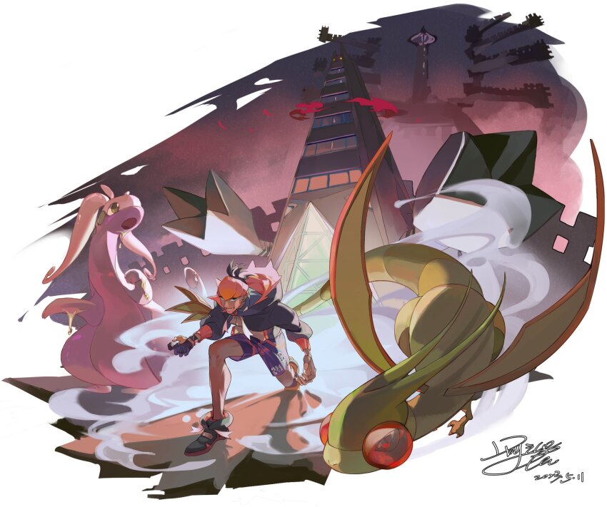 1boy black_footwear black_hair black_hoodie border commentary_request coo2co2 dark-skinned_male dark_skin dated duraludon dynamax_band earrings flygon gen_3_pokemon gen_6_pokemon gen_8_pokemon gigantamax gigantamax_duraludon gloves goodra headband highres hood hood_down hoodie jewelry knees male_focus nintendo orange_headband partially_fingerless_gloves pokemon pokemon_(creature) pokemon_swsh raihan_(pokemon) shirt shoes short_hair shorts side_slit side_slit_shorts signature single_glove squatting white_border