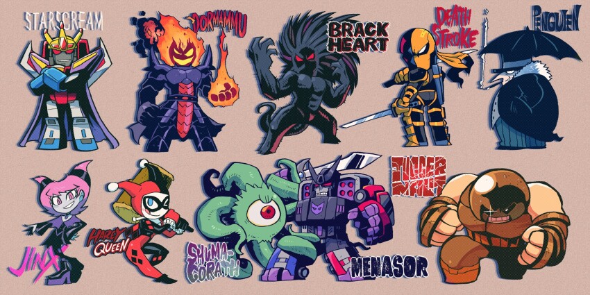 batman_(series) blackheart_(marvel) blue_eyes character_name crossover dc_comics deathstroke decepticon dormammu dual_wielding english_text engrish_text flaming_head from_behind full_body grin hair_horns hands_in_pockets harley_quinn harley_quinn_(classic) hat highres holding holding_mallet holding_sword holding_weapon jinx_(dc) juggernaut_(x-men) looking_back mallet marvel menasor muscular muscular_male no_pupils one_eye_closed pink_eyes pink_hair ranguage rariatto_(ganguri) red_eyes robot shuma_gorath simple_background smile smoking solid_eyes standing starscream superhero_costume sword the_penguin transformers umbrella weapon