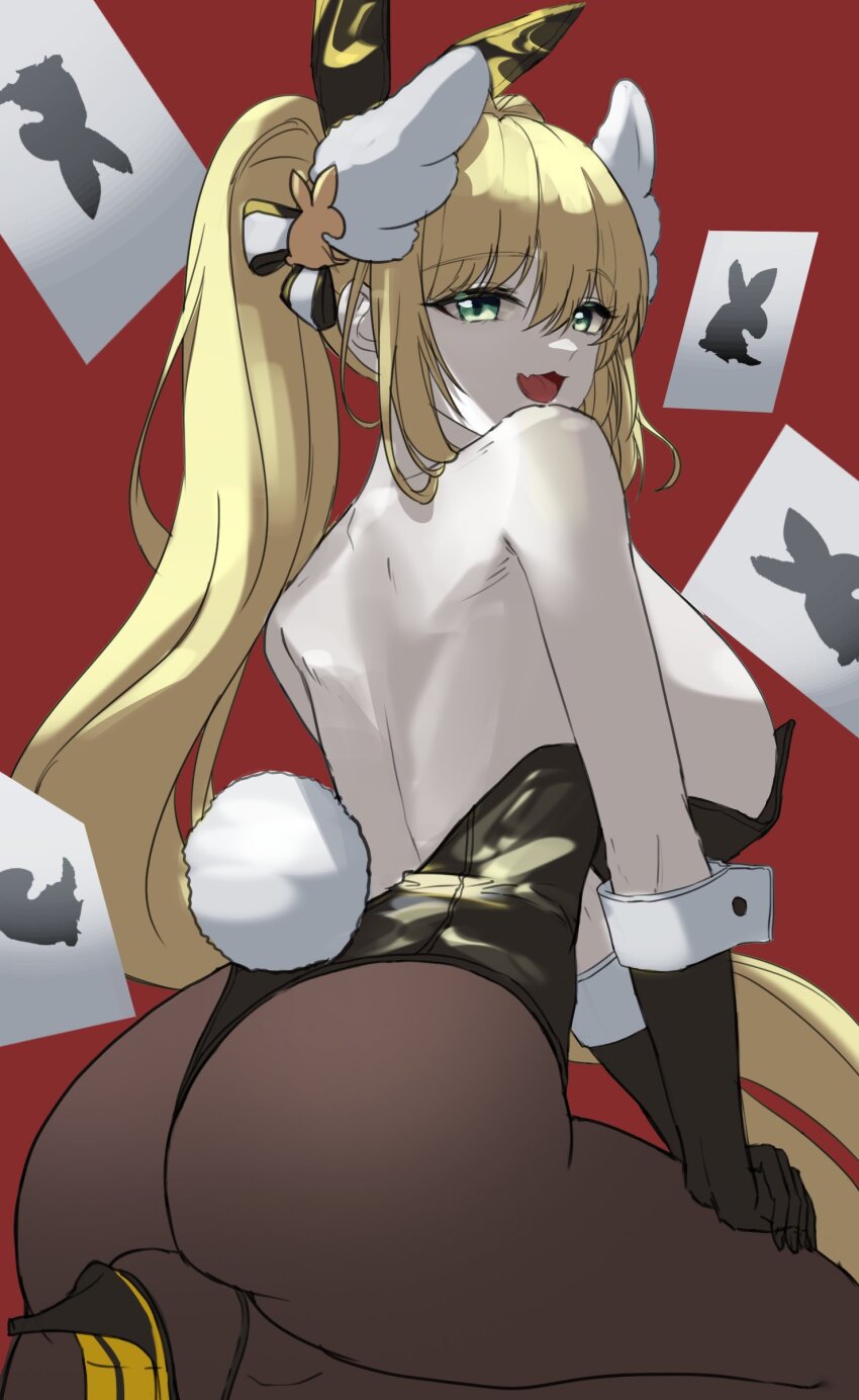 :d absurdres animal_ears ass black_gloves black_leotard blonde_hair breasts brown_pantyhose disgustingtokki fake_animal_ears fake_tail fang from_behind gloves goddess_of_victory:_nikke green_eyes hair_ornament highres large_breasts leotard long_hair official_alternate_costume open_mouth pantyhose playboy_bunny ponytail rabbit_ears rabbit_tail rupee_(nikke) rupee_(rabbit_deluxe)_(nikke) sideboob smile strapless strapless_leotard tail unfinished