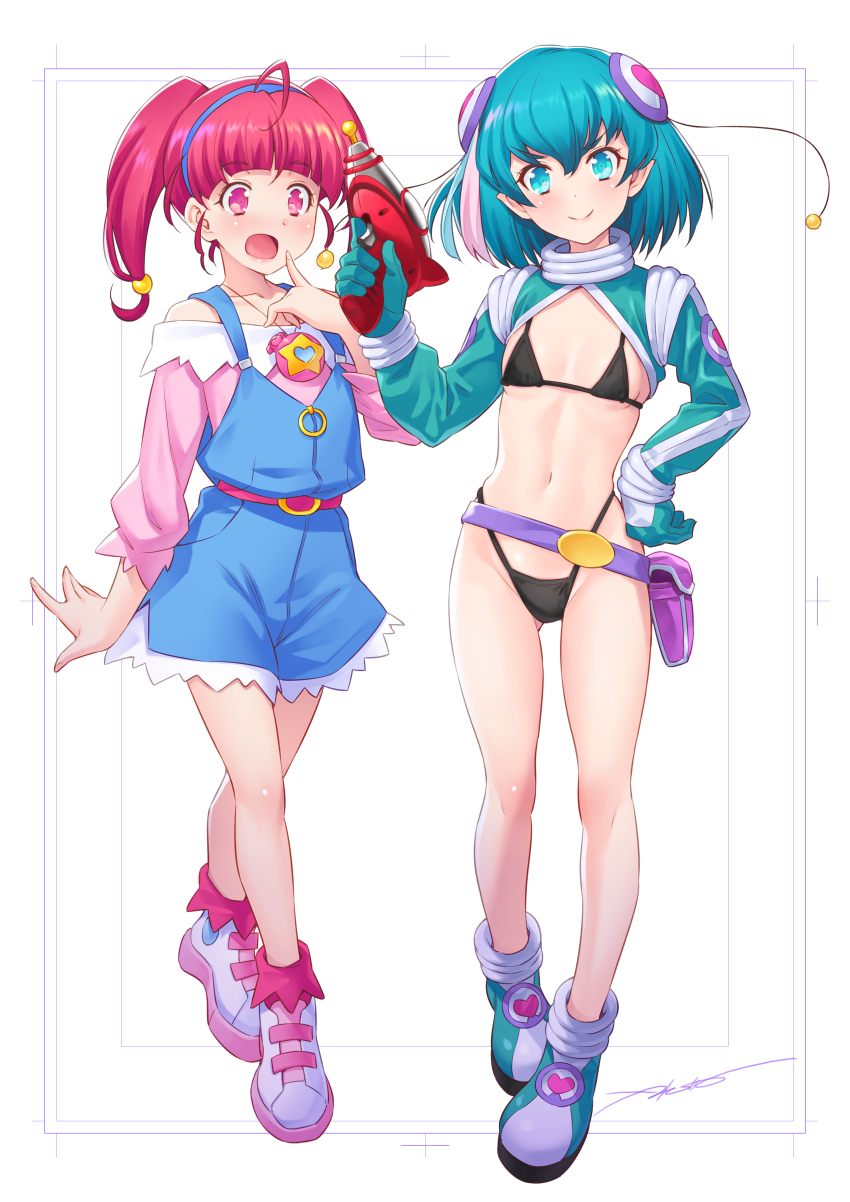 2girls absurdres ahoge aqua_gloves aqua_shoes aqua_shrug artist_name belt bikini black_bikini blue_hair blue_hairband blue_overalls breasts brooch bun_cover collarbone commentary finger_to_mouth full_body gloves groin gun hagoromo_lala hair_bobbles hair_ornament hairband hand_on_own_hip highleg highleg_bikini highres holding holding_gun holding_weapon hoshina_hikaru jewelry kazuma_muramasa looking_at_viewer medium_hair multicolored_hair multiple_girls navel necklace off-shoulder_shirt off_shoulder overall_shorts overalls pink_hair pink_shirt pink_shoes pointy_ears pouch precure purple_belt red_hair shirt shoes short_hair shrug_(clothing) side-by-side sideboob signature small_breasts standing star_brooch star_twinkle_precure streaked_hair string_bikini swimsuit twintails underboob weapon white_background