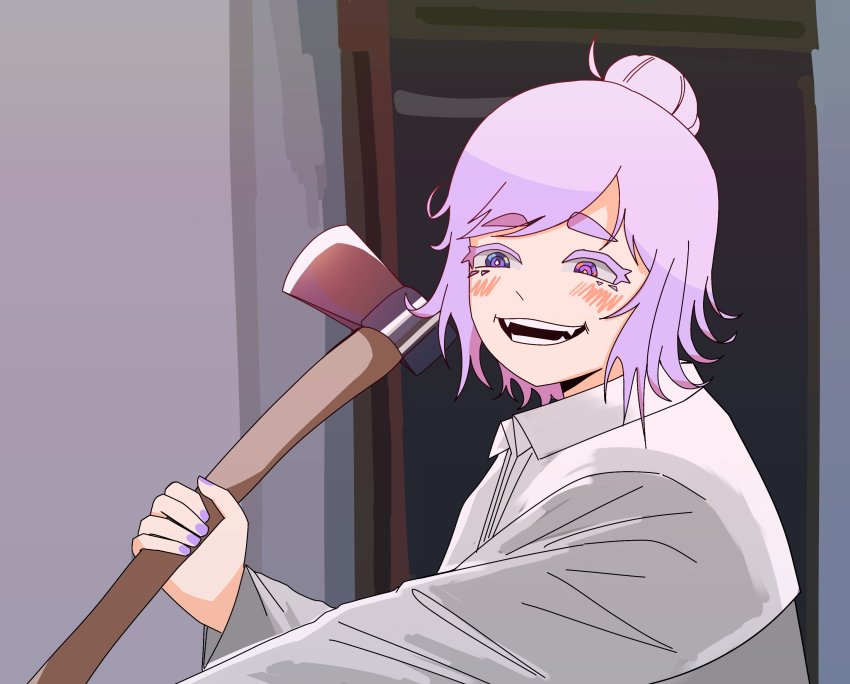 10qi 1girl absurdres american_psycho axe blush colored_eyelashes cosplay evil_smile grin heterochromia highres holding holding_axe light_purple_hair multicolored_eyes open_mouth original patrick_bateman patrick_bateman_(cosplay) raincoat simple_background smile solo