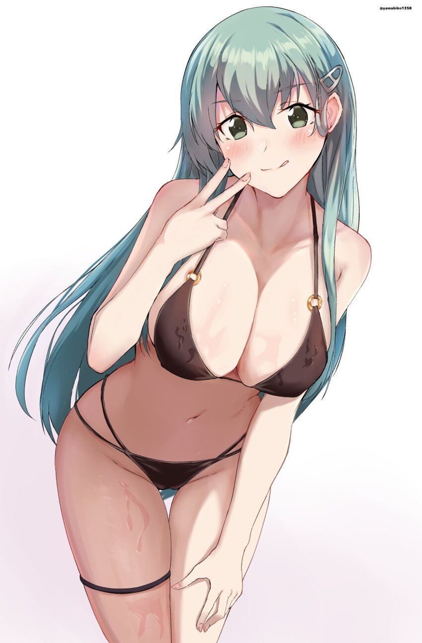 1girl aqua_hair bikini blush breasts brown_bikini cleavage commentary_request green_eyes green_hair hair_between_eyes hair_ornament hairclip hand_on_own_thigh highres kantai_collection large_breasts long_hair looking_at_viewer mizuki_(uzuki_no_sato) navel o-ring o-ring_top simple_background smile solo string_bikini suzuya_(kancolle) suzuya_kai_ni_(kancolle) swimsuit thigh_strap tongue tongue_out v wet wet_clothes wet_swimsuit