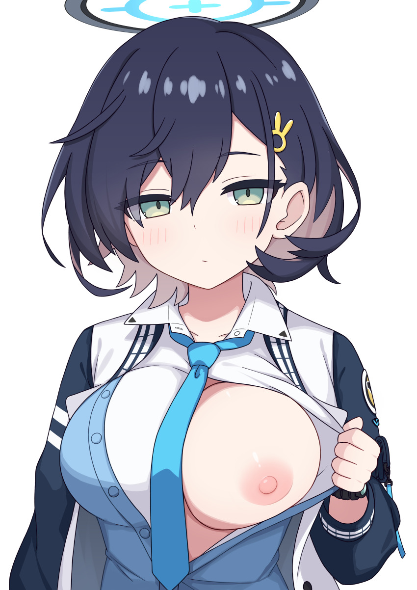 1girl absurdres black_hair blue_archive blue_cardigan blue_halo blue_necktie breasts cardigan chihiro_(blue_archive) collared_shirt dot_nose green_eyes hair_between_eyes hair_ornament halo highres jacket large_breasts light_blush long_sleeves looking_at_viewer necktie nipples no_eyewear one_breast_out open_clothes open_jacket opened_by_self rabbit_hair_ornament shirt simple_background solo unamused upper_body watch white_background white_shirt wristwatch zddma20