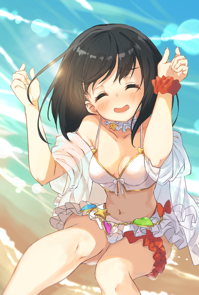 1girl ^_^ arms_up bare_shoulders beach bikini bikini_skirt black_hair blush breasts closed_eyes collarbone day facing_viewer feet_out_of_frame frills granblue_fantasy halterneck happy highres knees_together_feet_apart medium_hair navel ocean off_shoulder open_clothes open_mouth open_shirt outdoors red_scrunchie saboten_mushi scrunchie see-through_clothes see-through_shirt shirt sitting small_breasts smile solo stomach summer swimsuit thigh_scrunchie vikala_(event)_(granblue_fantasy) vikala_(granblue_fantasy) white_bikini white_shirt wrist_scrunchie