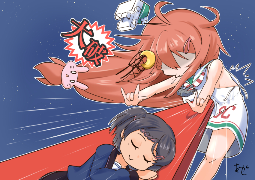 2girls \m/ akashieru anchor_ornament black_hair black_sailor_collar blue_background blue_shirt closed_eyes cosplay costume_switch crescent crescent_hair_ornament double_\m/ dress gundam hair_ornament kantai_collection long_hair low-cut_armhole low-tied_long_hair mole mole_under_eye multiple_girls name_connection neckerchief one-hour_drawing_challenge rabbit_hair_ornament sailor_collar sailor_dress sailor_shirt school_uniform scirocco_(kancolle) scirocco_(kancolle)_(cosplay) serafuku shirt short_hair sleeping stab striped_neckerchief two_side_up uzuki_(kancolle) uzuki_(kancolle)_(cosplay) white_dress white_sailor_collar zeta_gundam