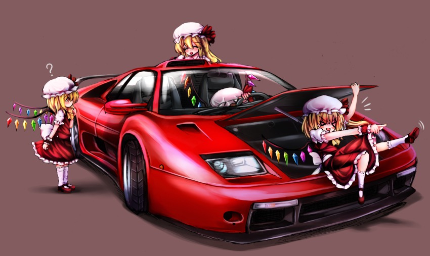 &gt;_&lt; 4girls :d ? ascot blonde_hair car closed_eyes flandre_scarlet four_of_a_kind_(touhou) hat highres lamborghini lamborghini_diablo maru_daizu_(aqua6233) motor_vehicle multiple_girls multiple_persona open_mouth pointing red_eyes ribbon short_hair side_ponytail smile touhou vehicle_focus wings xd