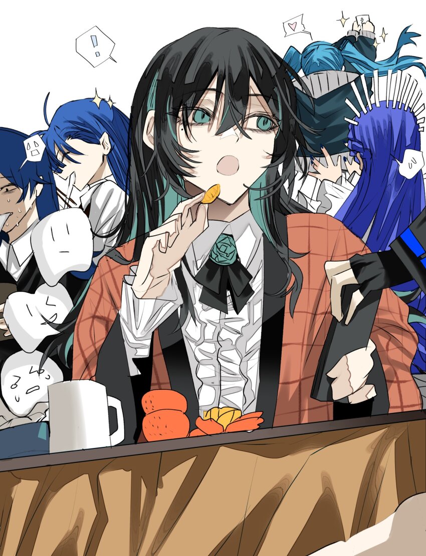 ! 6+girls ^_^ ado_(utaite) ahoge atashi_wa_mondaisaku black_gloves black_hair blue_eyes blue_hair center_frills closed_eyes collared_shirt colored_inner_hair cup eating fingerless_gloves food frills fruit gira-gira-chan_(ado) gira_gira giving_up_the_ghost gloves gunjyou_(gunjyou_00) ha-chan_(ado) heart highres kotatsu long_hair mandarin_orange merry_(ado) mole mole_under_eye mug multicolored_hair multiple_girls naima_(ado) nervous_sweating open_mouth readymade_(ado) rule-chan_(ado) rule_(ado) shirt sidelocks simple_background spoken_exclamation_mark spoken_heart sweat table tanaka_keiko_(ado) twintails usseewa white_background white_shirt
