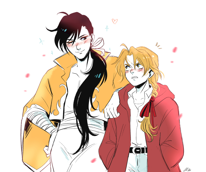 2boys andythelemon annoyed belt black_hair blonde_hair blush braid brown_eyes edward_elric embarrassed eyebrows eyelashes falling_petals flame_print fullmetal_alchemist furrowed_brow height_difference highres jacket leaning_on_person ling_yao long_hair long_sleeves looking_at_another male_focus multiple_boys one_eye_closed petals ponytail red_jacket white_background yaoi yellow_jacket