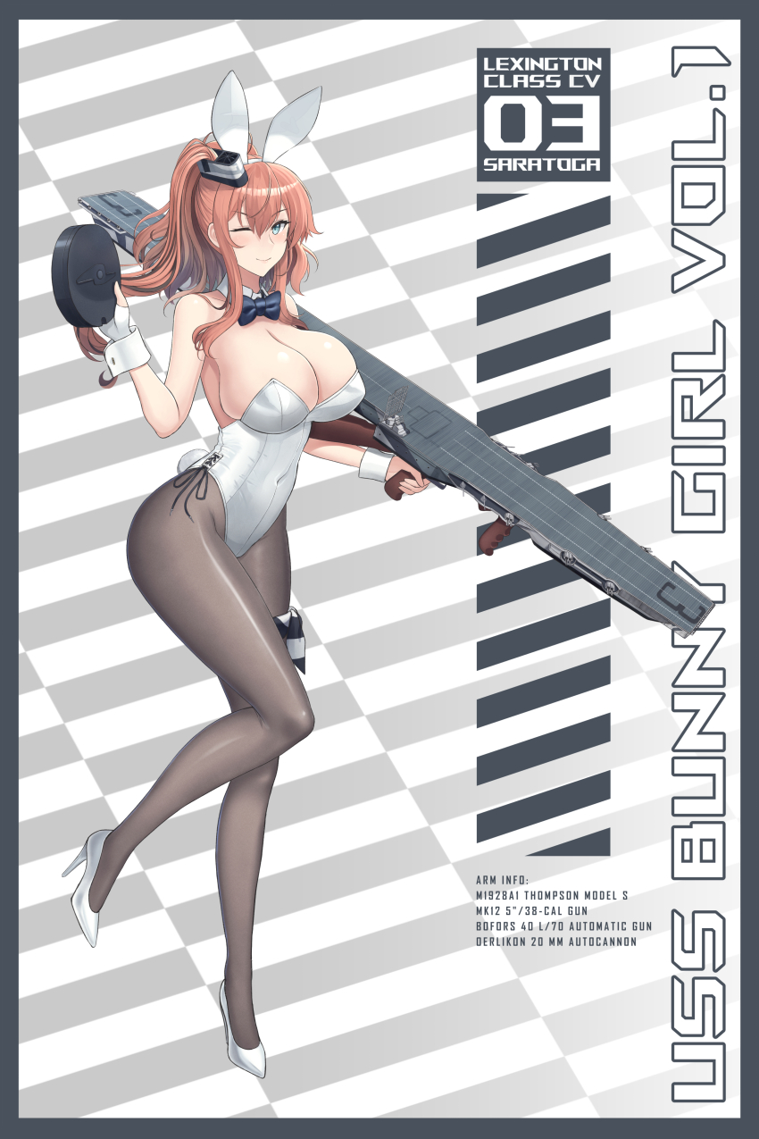 1girl absurdres alternate_costume animal_ear_hairband animal_ears bare_shoulders black_pantyhose blue_eyes bow bowtie breasts brown_hair cleavage closed_mouth commentary_request detached_collar drum_magazine english_text fake_animal_ears fake_tail flight_deck gun hair_between_eyes hairband high_heels high_side_ponytail highres holding holding_gun holding_weapon kantai_collection large_breasts leotard long_hair long_legs looking_at_viewer magazine_(weapon) odachu one_eye_closed pantyhose playboy_bunny ponytail rabbit_ear_hairband rabbit_ears rabbit_tail saratoga_(kancolle) saratoga_mk_ii_(kancolle) shoes side_ponytail sidelocks smile smokestack smokestack_hair_ornament solo standing standing_on_one_leg strapless strapless_leotard submachine_gun tail thompson_submachine_gun weapon white_leotard white_shoes white_wrist_cuffs wrist_cuffs