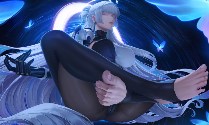 1girl black_pantyhose blunt_bangs breasts bug butterfly closed_eyes closed_mouth colored_eyelashes earrings goddess_of_victory:_nikke highres indian_style insect jewelry large_breasts limgae lips long_hair mechanical_arms nayuta_(nikke) pantyhose sitting solo split-color_clothes stirrup_legwear toeless_legwear toes very_long_hair white_eyelashes white_hair