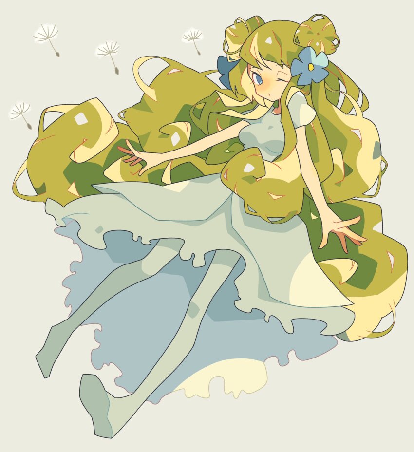 1girl blue_eyes commentary_request double_bun dress flower full_body green_hair hair_bun highres long_hair looking_at_viewer mansherry_(one_piece) noise_pp one_eye_closed one_piece pantyhose sidelocks solo very_long_hair white_dress white_pantyhose