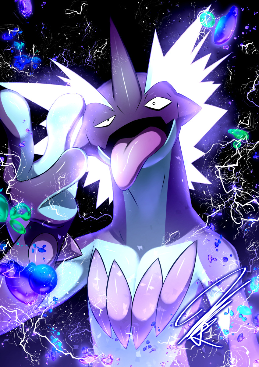 absurdres black_background bubble claws colored_skin electricity gen_8_pokemon glowing glowing_hair highres horns light_particles mitsukuma448 nintendo half-closed_eye open_mouth orb pokemon pokemon_(creature) purple_skin signature single_horn solo spikes tongue tongue_out toxtricity toxtricity_(amped) underwear upper_body white_hair