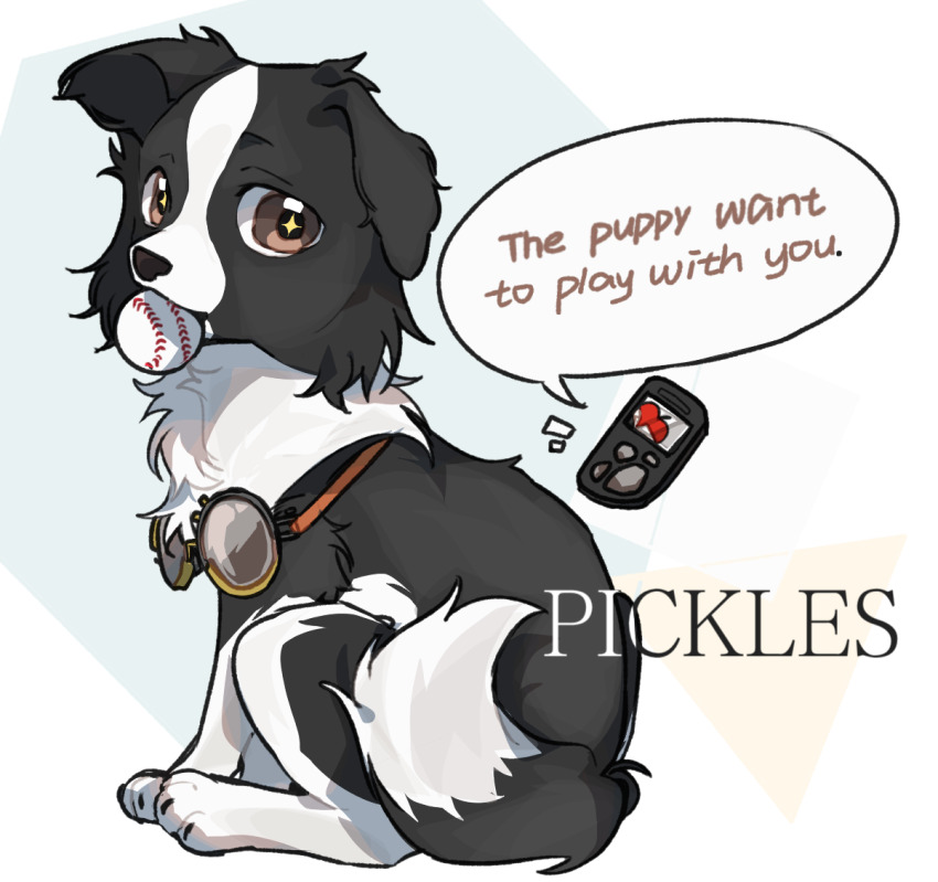 +_+ animal_focus ball baseball_(object) border_collie character_name device dog english_text from_side full_body goggles goggles_around_neck holding holding_ball looking_at_viewer mouth_hold no_humans pickles_(reverse:1999) reverse:1999 sitting speech_bubble white_background yi_ke_xuesongshu