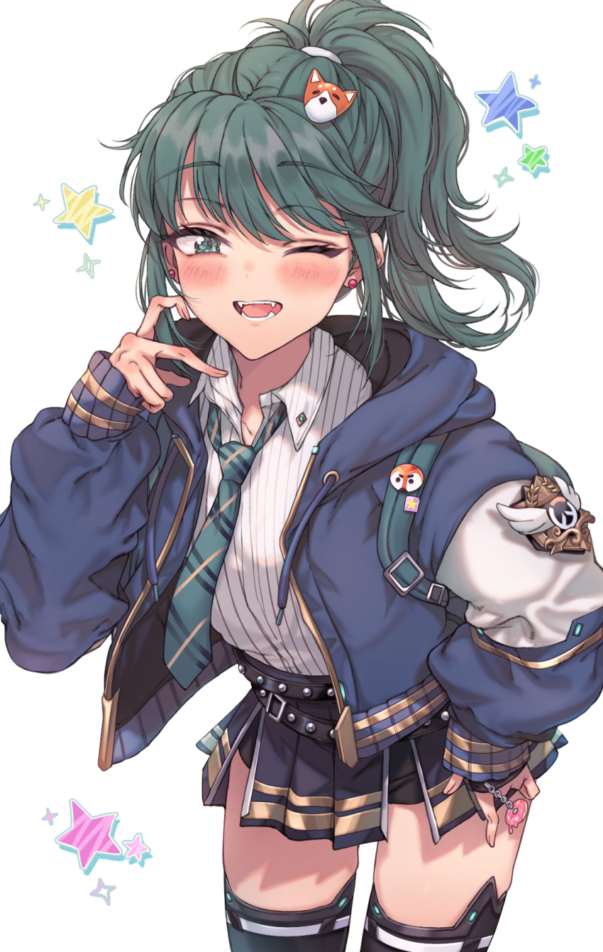1girl ;d black_skirt black_thighhighs blue_jacket blush collared_shirt commentary_request drawstring dress_shirt earrings fangs green_eyes green_hair green_necktie hair_ornament hand_on_own_hip highres jacket jewelry kayanogura kiriko_(overwatch) long_sleeves looking_at_viewer necktie one_eye_closed open_clothes open_jacket open_mouth overwatch pleated_skirt ponytail puffy_long_sleeves puffy_sleeves shirt simple_background skirt sleeves_past_wrists smile solo star_(symbol) thighhighs white_background white_shirt