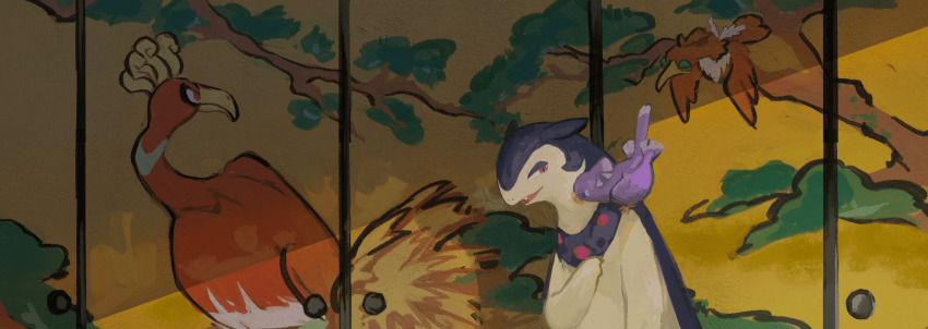 animal animal_on_shoulder aomidori_iro beak bird bird_on_shoulder black_fur cramorant gen_2_pokemon gen_7_pokemon gen_8_pokemon highres hisuian_typhlosion ho-oh indoors legendary_pokemon nintendo no_humans oricorio oricorio_(sensu) pokemon pokemon_(creature) shiny_skin sliding_doors two-tone_fur yellow_fur