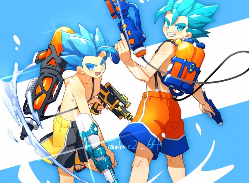 2boys aged_down alternate_body_size aqua_eyes aqua_hair black_male_swimwear blue_eyes blue_hair blue_swim_trunks cable commentary dated_commentary dragon_ball dragon_ball_super dual_wielding earrings gamubanku gogeta grin holding holding_water_gun jewelry looking_at_viewer male_focus male_swimwear multiple_boys open_mouth orange_male_swimwear potara_earrings saiyan short_hair single_bang smile spiked_hair super_saiyan super_saiyan_blue swim_trunks symbol-only_commentary teeth topless_male twitter_username vegetto water water_gun water_tank yellow_male_swimwear