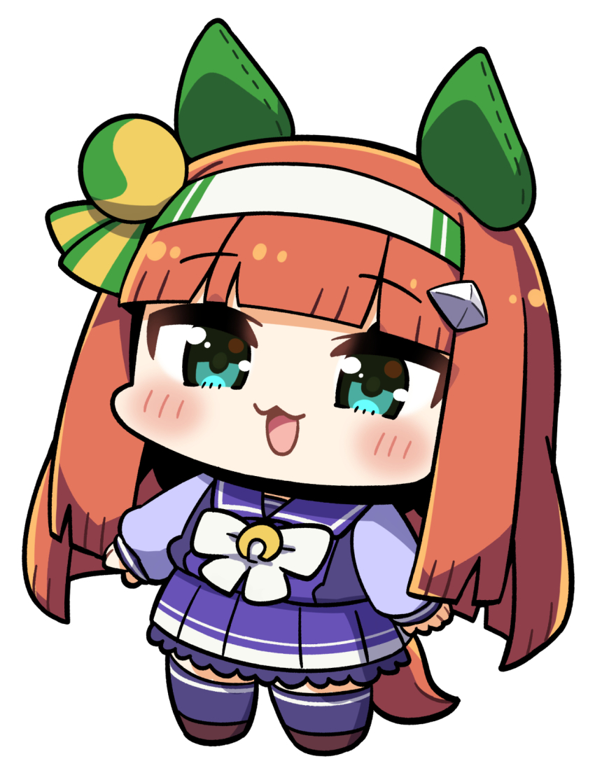 1girl :3 :d animal_ears blunt_bangs blunt_ends blunt_sidelocks blush bow bowtie brown_shoes chibi chibi_only commentary_request full_body green_eyes hairband highres horse_ears horse_girl horse_tail long_hair long_sleeves looking_at_viewer open_mouth orange_hair pleated_skirt plover purple_sailor_collar purple_shirt purple_skirt purple_thighhighs sailor_collar school_uniform shirt shoes sidelocks silence_suzuka_(umamusume) simple_background skirt smile solo standing tail thighhighs tracen_school_uniform umamusume white_background white_bow white_bowtie white_hairband