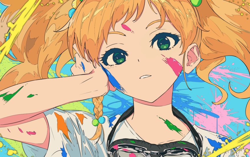 1girl aikatsu!_(series) aikatsu_stars! blonde_hair braid commentary_request goggles goggles_around_neck green_eyes hair_bobbles hair_ornament hand_on_own_face hand_up highres long_hair looking_at_viewer nikaido_yuzu open_mouth orange_hair paint_on_clothes paint_splatter paint_splatter_on_face semham shirt side_braid single_braid solo twintails upper_body white_shirt