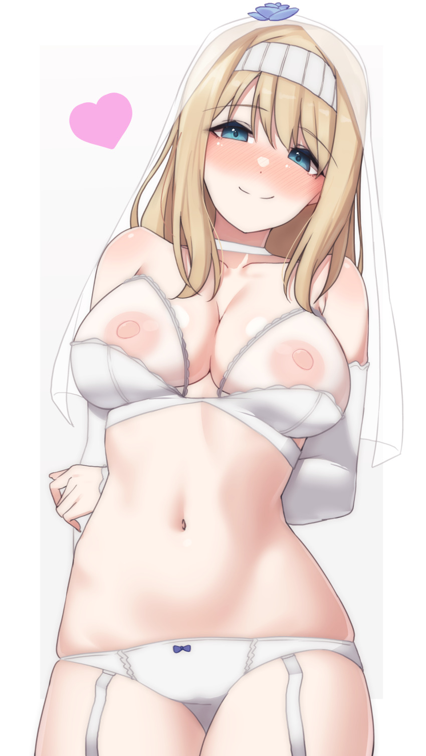 1girl absurdres arms_behind_back bare_shoulders blonde_hair blue_eyes blush bra breasts bridal_lingerie bridal_veil choker cleavage closed_mouth collarbone commentary_request commission cowboy_shot detached_sleeves garter_straps hairband heart highres large_breasts lingerie long_sleeves looking_at_viewer nasuno_(nasuno42) navel nipples original panties pixiv_commission see-through_bra see-through_clothes simple_background smile solo underwear underwear_only veil white_background white_bra white_choker white_hairband white_panties