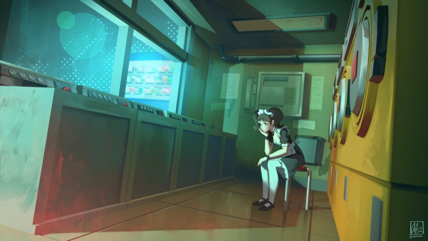 1girl alina_l black_dress brown_eyes brown_hair commentary dress full_body indoors kawakami_sadayo laundromat laundry long_hair maid maid_headdress on_stool pantyhose persona persona_5 sitting solo twintails white_pantyhose