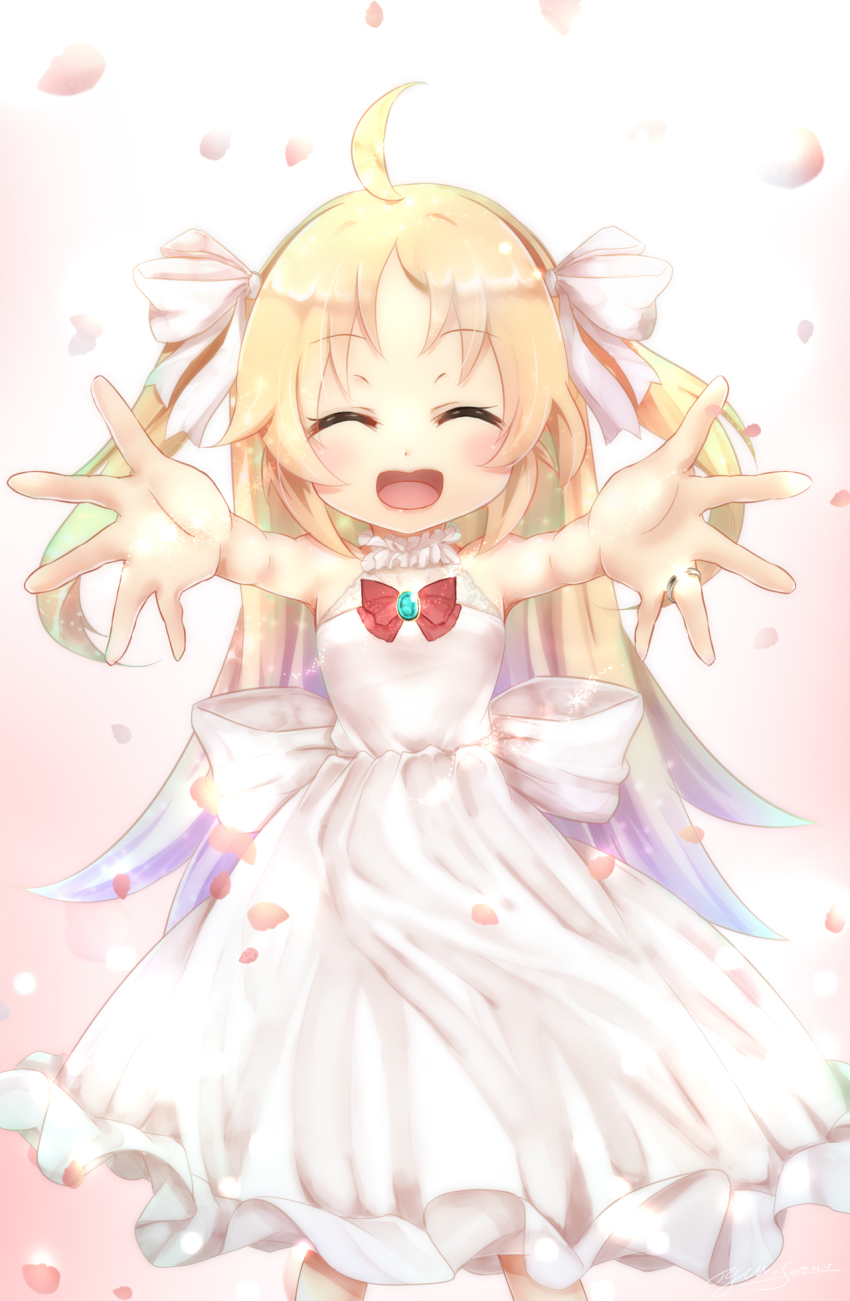 10s 1girl :d ahoge blonde_hair charlotte_izoard closed_eyes dress facing_viewer female_focus highres jewelry long_hair open_mouth outstretched_arms petals ring ryuuou_no_oshigoto! smile solo two_side_up white_dress yuitsuki1206