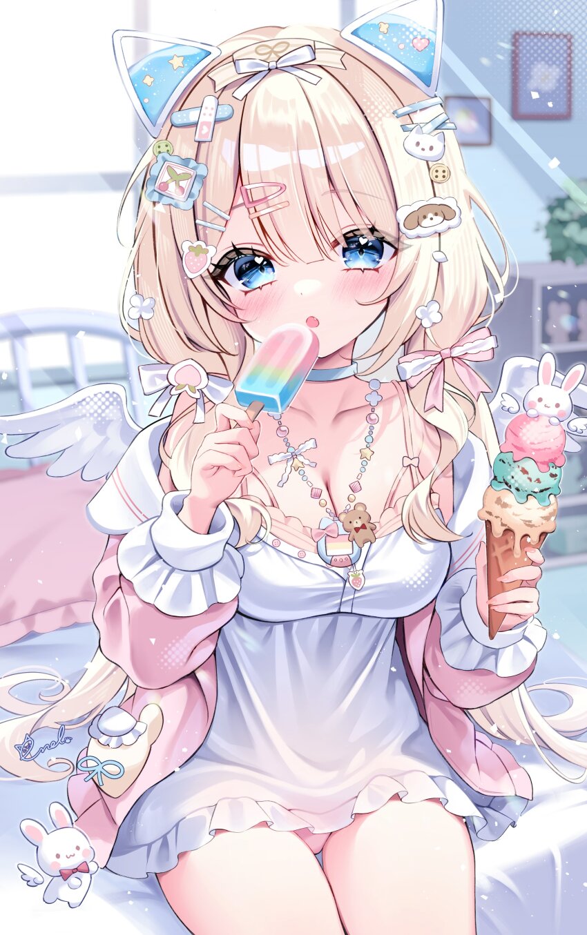 1girl absurdres animal_ears bare_shoulders blonde_hair blue_eyes blush bow breasts choker cleavage collarbone dress eneru_(enepuni) fake_animal_ears food hair_bow hair_ornament hairclip highres holding holding_food holding_ice_cream ice_cream ice_cream_cone indoors jacket jewelry long_hair long_sleeves looking_at_viewer medium_breasts necklace open_clothes open_jacket open_mouth original panties pink_jacket pink_panties rabbit short_dress sitting solo twintails underwear white_dress wings