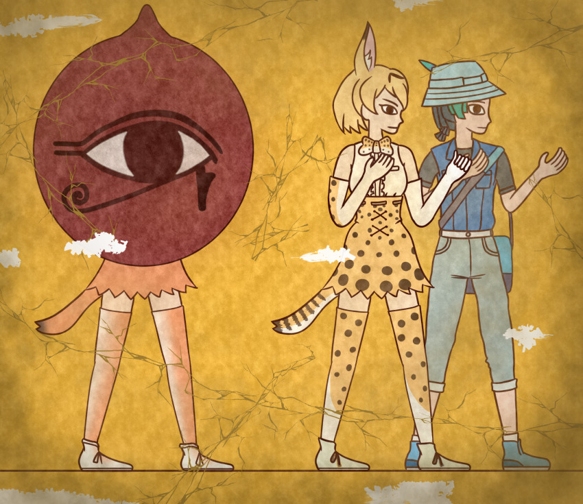 3girls animal_ears animal_print arms_up bag black_shirt blonde_hair blouse blue_footwear blue_vest bow bowtie capri_pants caracal_(kemono_friends) cellien_(kemono_friends) cerulean_costume commentary_request crack egyptian_art elbow_gloves expressionless eye_of_horus gloves grey_pants hat hat_feather highres kemono_friends kemono_friends_2 kita_(7kita) kyururu_(kemono_friends) looking_to_the_side multicolored_hair multiple_girls pants pink_legwear pink_skirt satchel serval_(kemono_friends) serval_tail shirt short_hair short_sleeves simple_background skirt sleeveless sleeveless_shirt tail thighhighs traditional_bowtie two-tone_bow two-tone_bowtie two-tone_hair vest white_footwear yellow_background yellow_skirt