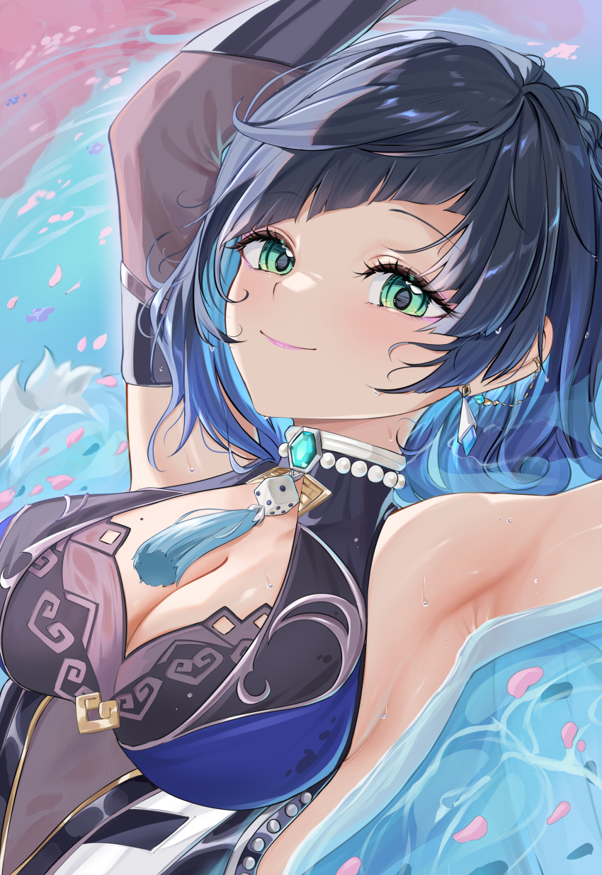 1girl absurdres armpits arms_up bare_shoulders black_hair blue_hair breasts cleavage closed_mouth commentary_request diagonal_bangs dice earrings genshin_impact green_eyes highres jewelry large_breasts light_blush looking_at_viewer lying mole mole_on_breast multicolored_hair neck_tassel on_back partially_submerged smile solo upper_body wet yelan_(genshin_impact) yonbajai