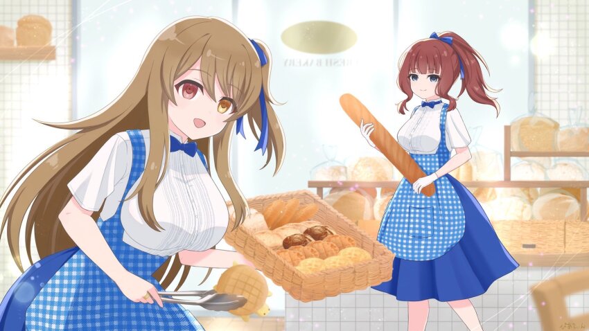 2girls alternate_hairstyle animal-themed_food apron assault_lily baguette bakery basket blue_apron blue_bow blue_bowtie blue_eyes blue_ribbon blue_skirt blunt_bangs bow bowtie bread bread_bun breasts brown_hair buttons closed_mouth commentary_request commission food gingham_apron gloves hair_bow hair_ribbon hands_up heterochromia highres holding holding_food holding_tongs indoors jewelry kaede_johan_nouvel kobeya_uniform kuo_shenlin large_breasts leaning_forward long_hair looking_at_viewer medium_breasts medium_hair multiple_girls one_side_up open_mouth pastry piatin pink_eyes pocket ribbon ring shirt shop short_sleeves sidelocks skeb_commission skirt smile standing tongs very_long_hair waitress white_gloves white_shirt yellow_eyes