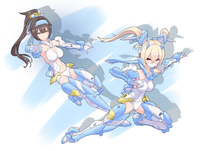 2girls absurdres asura_archer asura_ninja black_hair blonde_hair breasts brown_eyes brown_hair gloves hair_between_eyes highres leotard long_hair mask mecha_musume medium_breasts megami_device mouth_mask multiple_girls navel ponytail ryuseiryui twintails variant_set white_gloves