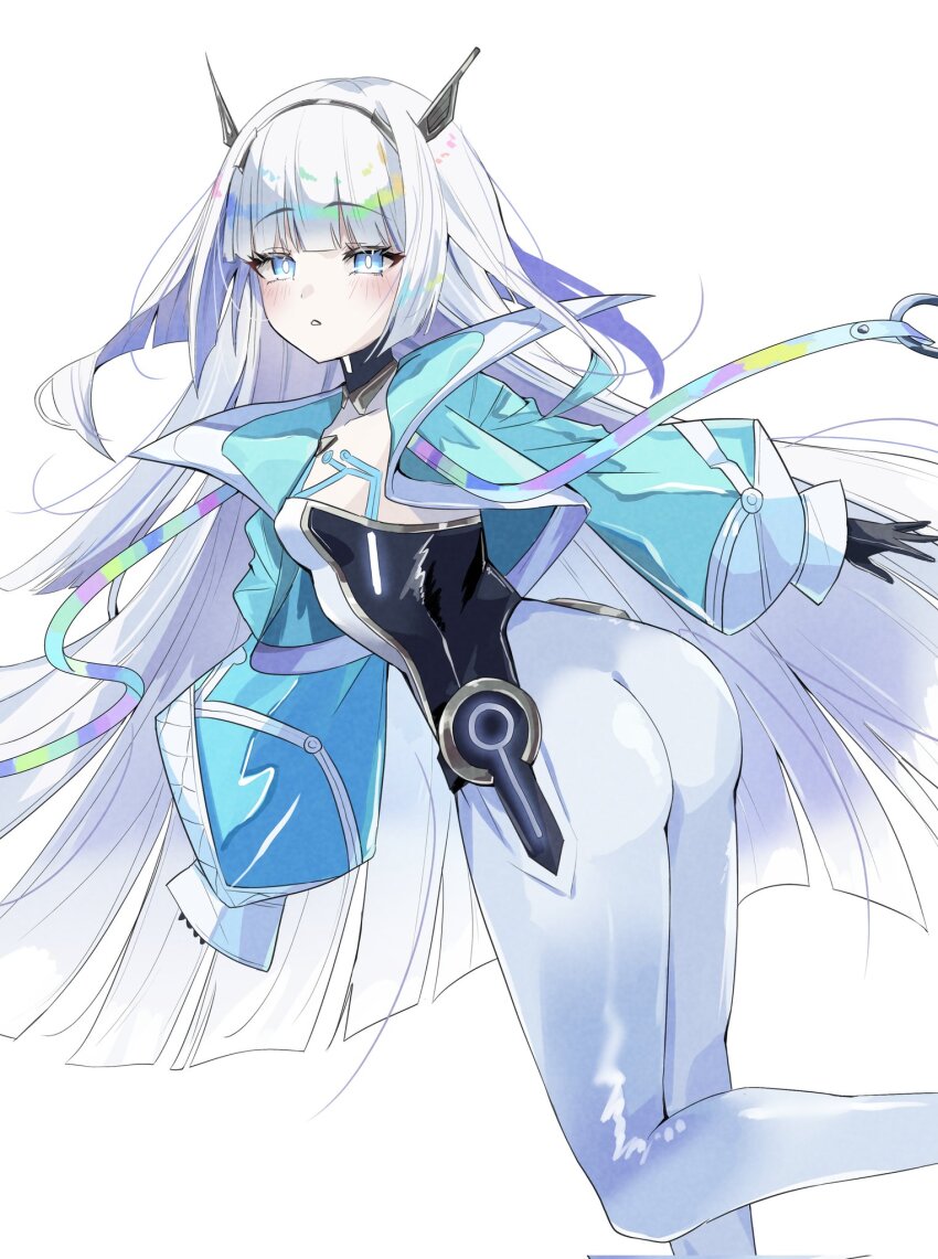 1girl ass bare_shoulders black_bodysuit black_gloves blue_eyes blue_jacket bodysuit eudie_(shadowverse) gaohuang43450 gloves hairband highres jacket long_hair long_sleeves looking_at_viewer shadowverse shadowverse:_worlds_beyond simple_background solo two-tone_bodysuit very_long_hair white_background white_bodysuit white_hair