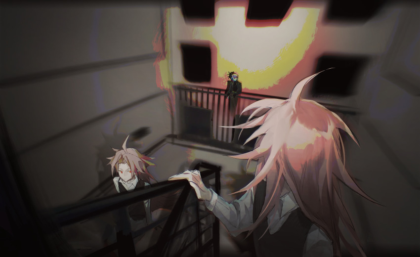 3boys absurdres ahoge black_coat black_shirt black_vest c8h11o2n clone closed_mouth coat collared_shirt color_banding commentary curtained_hair earrings hand_on_railing hatsutori_hajime highres jewelry long_hair long_sleeves male_focus multiple_boys open_clothes open_coat parted_bangs pink_hair purple_hair red_eyes saibou_shinkyoku shirt short_hair symbol-only_commentary theodore_riddle vest white_shirt
