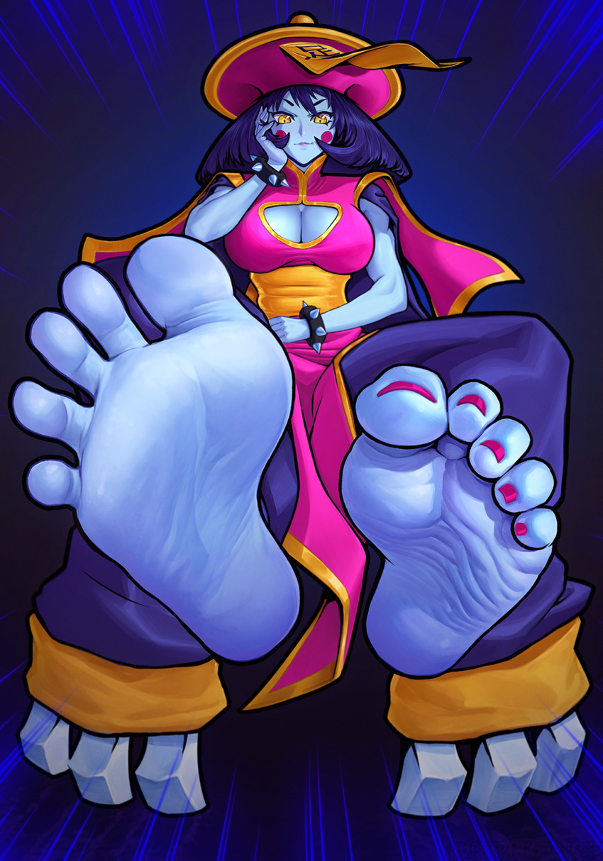 1girl barefoot black_hair blue_skin breasts cleavage cleavage_cutout clothing_cutout colored_skin darkstalkers feet hand_on_own_cheek hand_on_own_face highres hsien-ko jiangshi long_hair looking_at_viewer puffypinkpaws soles toes yellow_eyes